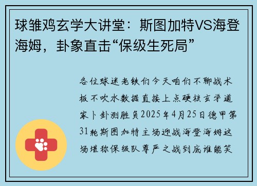 球雏鸡玄学大讲堂：斯图加特VS海登海姆，卦象直击“保级生死局”